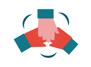 Drei illustrierte, übereinandergelegte Hände als Symbol für Zusammenarbeit.