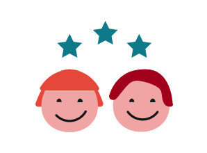Zwei illustrierte Gesichter mit drei Sternen über den Köpfen