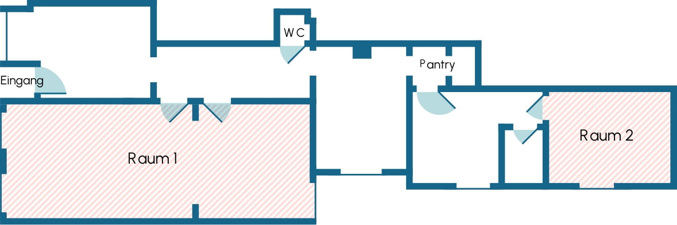 Grundriss der Räumlichkeiten mit zwei Trainingsräumen, WC und Pantryküche – flexibel nutzbar für Einzel- und Gruppenunterricht.